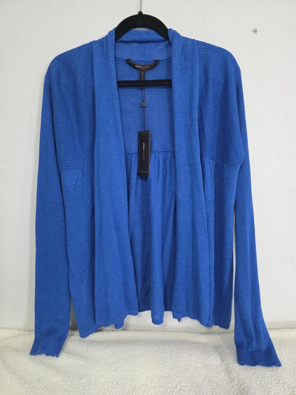 BCBG MAXAZRIA Larkspur Blue Open Front Knit Cardigan Linen Cotton Blend Lg NWT